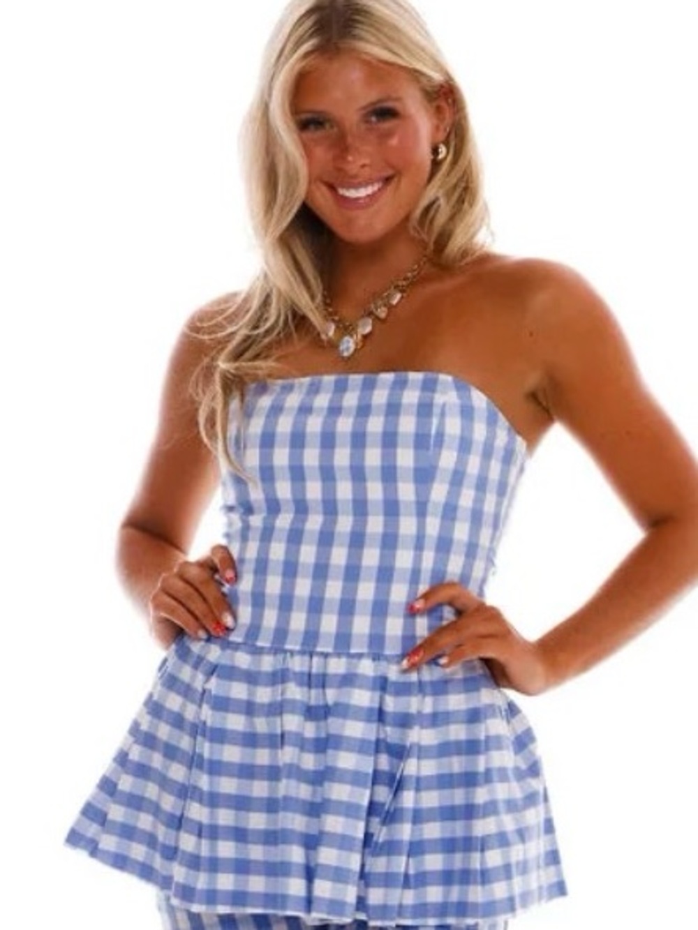 Coco Lilly’s Strapless, Peplum, Coco Park Top - Baby Blue Check